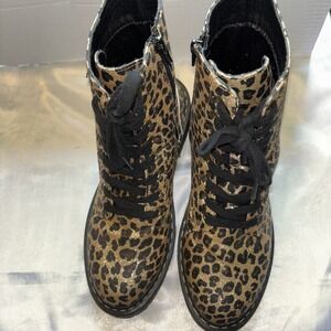True Craft Black Cheetah Combat Boots Women's 8.5 M Glitter Side Zip Korri